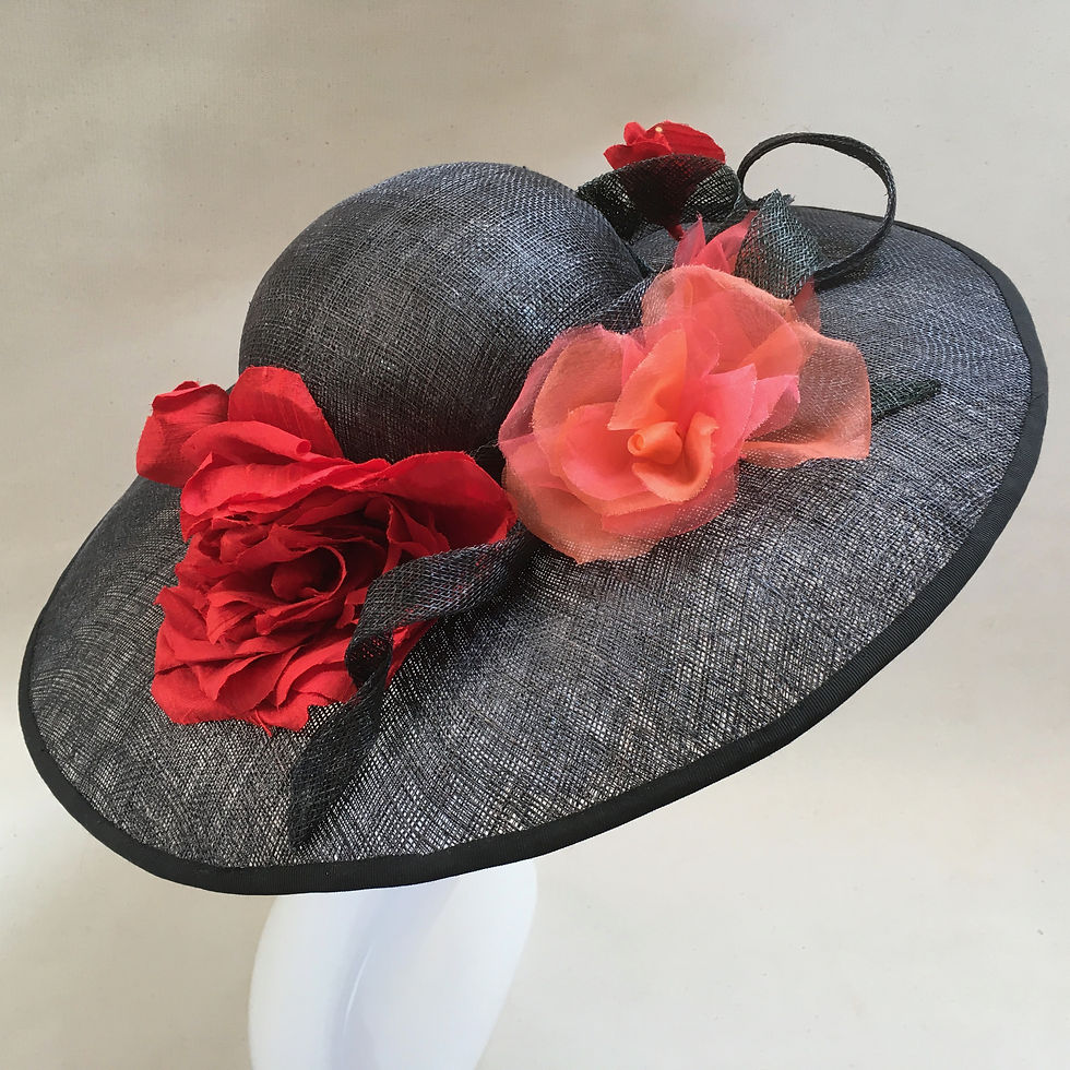 Thumbnail: Black and red - Black sinamay hat with hand made red flowers