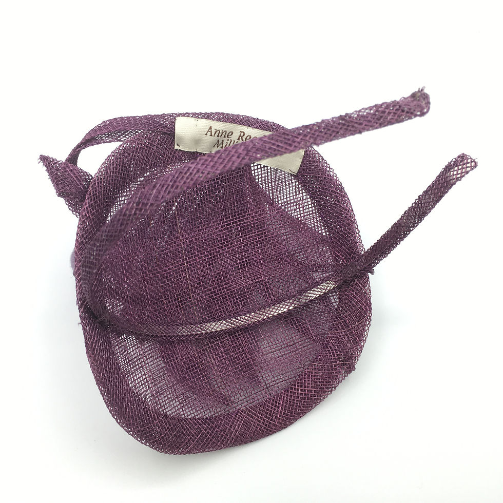 Thumbnail: Nancy- Purple sinamay fascinator trimmed with feathers and sinamay