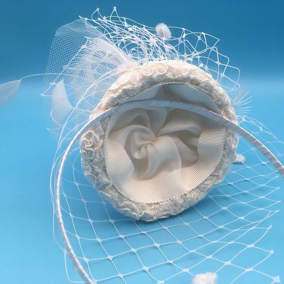 Thumbnail: Ella- Small silk and lace button fascinator with veiling, feathers and a diamant