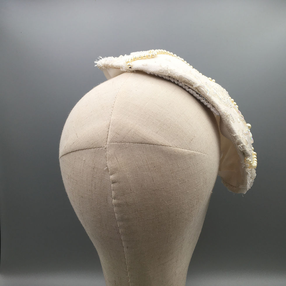 Thumbnail: Pearl - Double teardrop headpiece covered in white silk and beaded lace