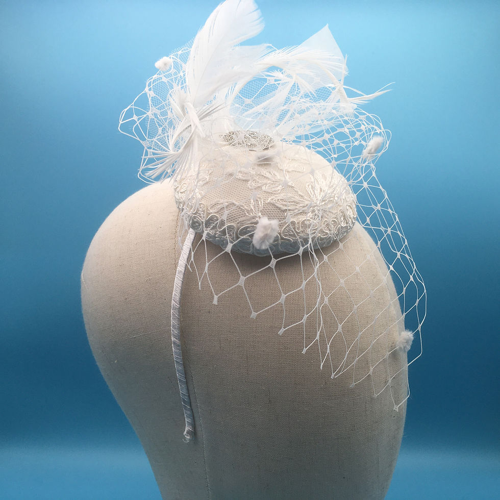 Thumbnail: Ella- Small silk and lace button fascinator with veiling, feathers and a diamant