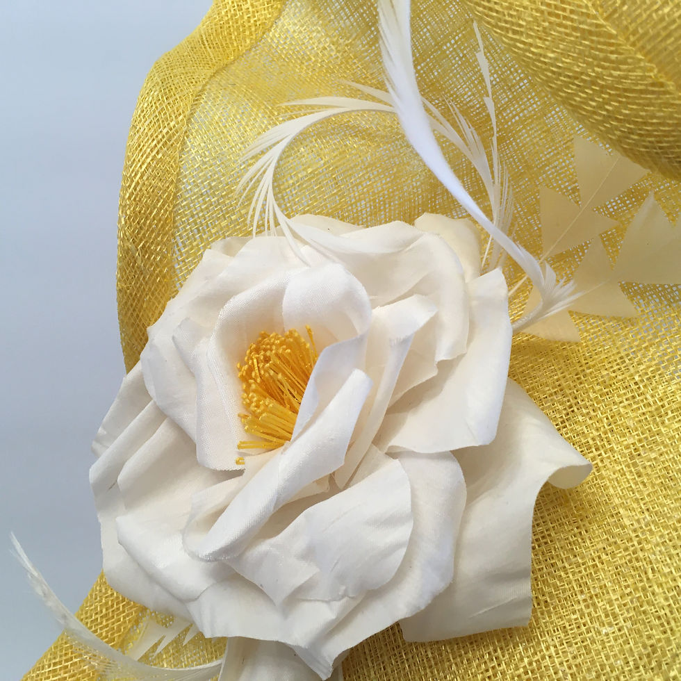 Thumbnail: Beth - Yellow sinamay headpiece on a yellow base with white handmade silk rose