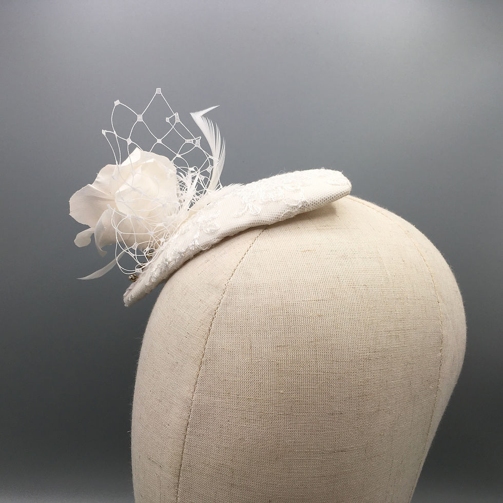 Thumbnail: Patricia -Bridal  oval fascinator covered in ivory silk and lace