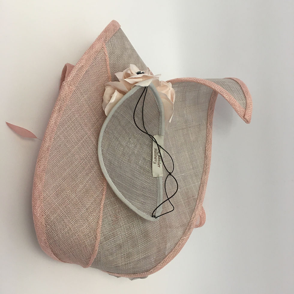 Thumbnail: Clouds - Pink sinamay headpiece on a grey base with grey and pink silk flowers