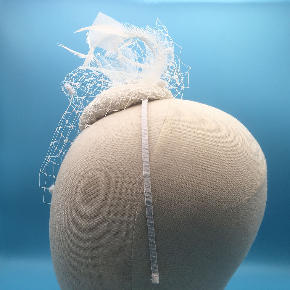 Thumbnail: Ella- Small silk and lace button fascinator with veiling, feathers and a diamant