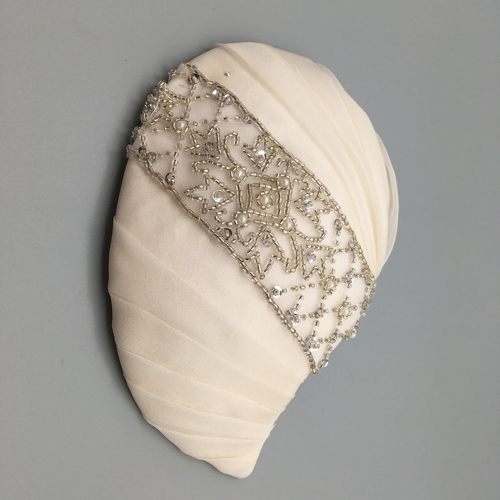 Thumbnail: Sherri - Pleated ivory silk organza teardrop shaped fascinator with beaded trim