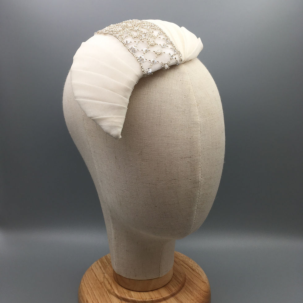 Thumbnail: Sherri - Pleated ivory silk organza teardrop shaped fascinator with beaded trim