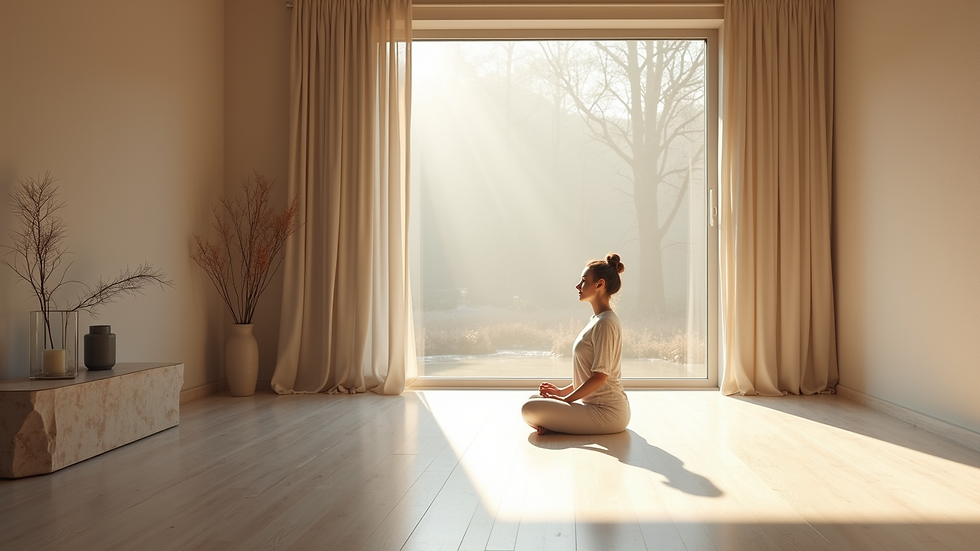 Augenhöhe Blick auf einen ruhigen Meditationsraum mit klarer Struktur
