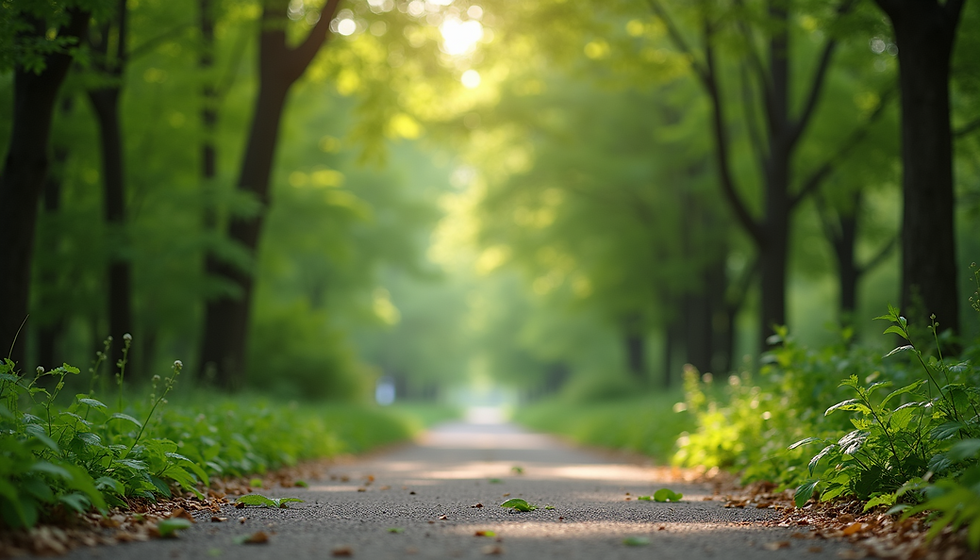 Ein ruhiger Waldweg im Licht der aufgehenden Sonne als Symbol für innere Klarheit, neue Perspektiven und den Weg aus alten Mustern.