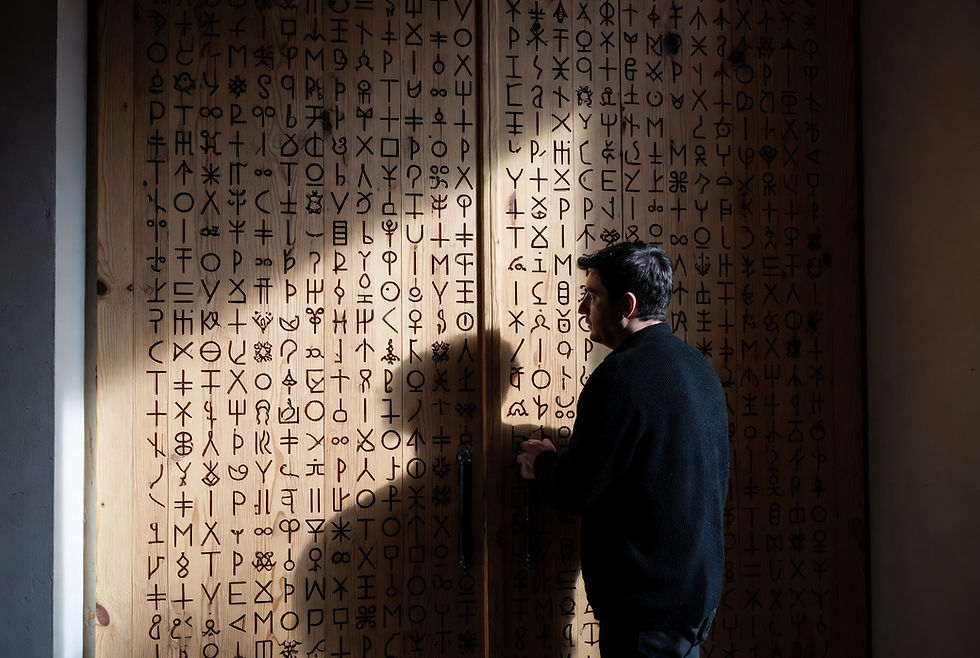 Ein Mann schaut auf eine große verschlossene Tür voller Muster Hieroglyphen und versucht diese zu entschlüsseln nur so öffnet sich die Tür.
