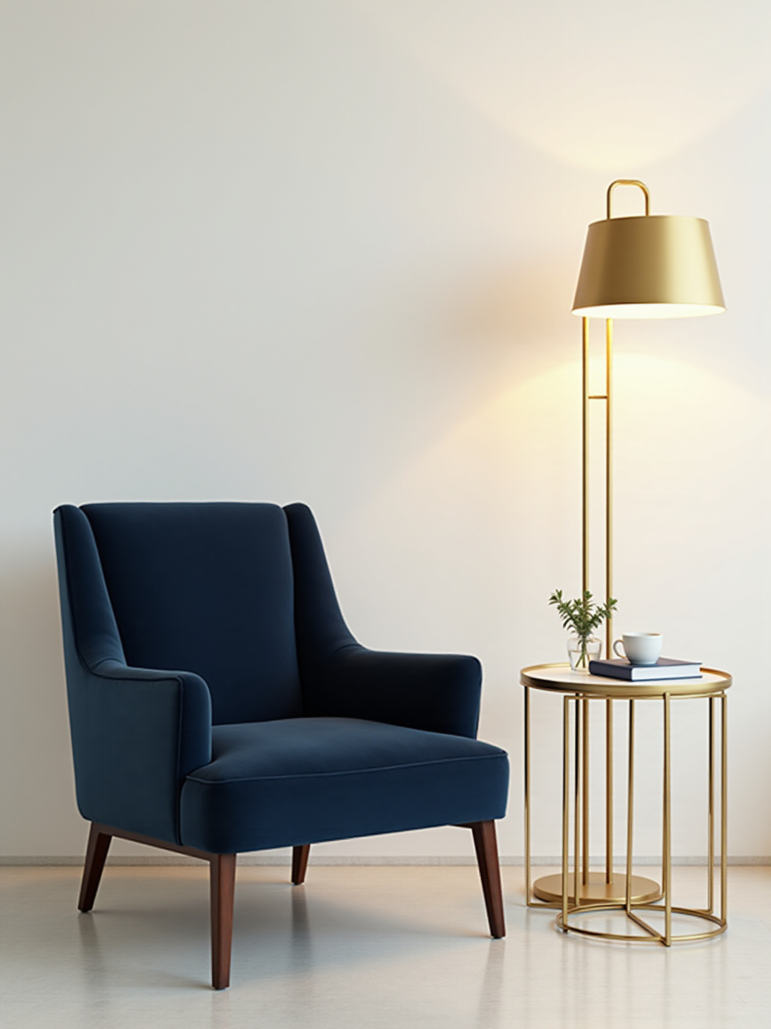 Ruhiger Innenraum mit Sessel und Stehlampe, minimalistische Einrichtung in neutralen Farben, entspannte Stimmung.