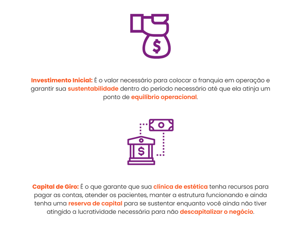 Sistema visual sobre investimento e capital de giro.