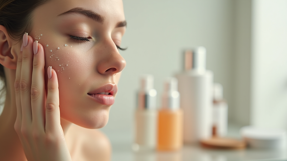 Close-up view of a skincare routine with various products