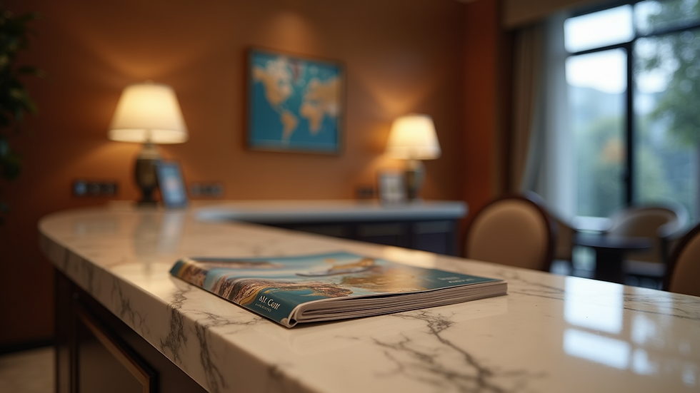 Close-up view of a luxury hotel concierge desk with travel brochures