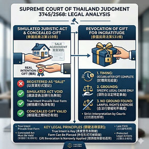 Infographic illustrating Supreme Court of Thailand Judgment 3745/2568, contrasting a simulated juristic act (gift disguised as sale) and the grounds for revocation of a gift due to ingratitude.