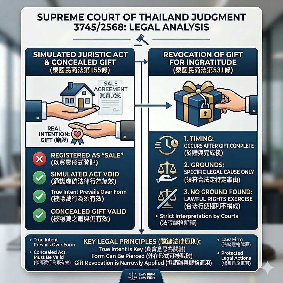 Infographic illustrating Supreme Court of Thailand Judgment 3745/2568, contrasting a simulated juristic act (gift disguised as sale) and the grounds for revocation of a gift due to ingratitude.