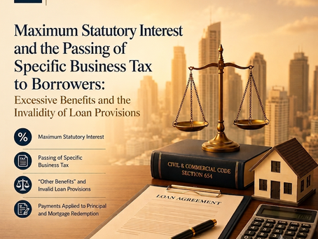 Professional legal illustration of a loan agreement, scales of justice, calculator, and property model representing Thailand's Supreme Court ruling on statutory interest limits, Specific Business Tax, and mortgage redemption.