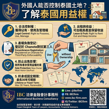 Infographic titled "Can Foreigners Control Land in Thailand? Understanding Thai Usufruct" detailing 5 key legal rights: possession, rental income, Chanote registration, new owner protection, and up to 30-year or lifetime terms, presented by IBC Firm.
