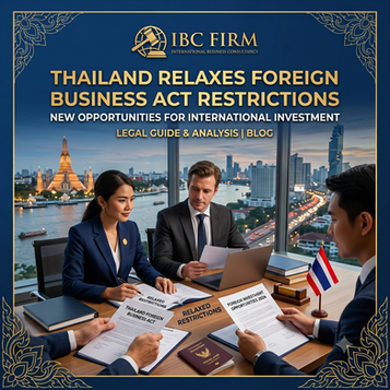 IBC Firm blog banner graphic, "Thailand Relaxes Foreign Business Act Restrictions: New Opportunities for International Investment" in a modern Bangkok office with Wat Arun in the background.