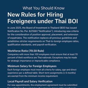 Professional law-firm style banner titled ‘New Rules for Hiring Foreigners under Thai BOI,’ summarizing key changes on workforce ratios, minimum salary requirements, and payroll verification