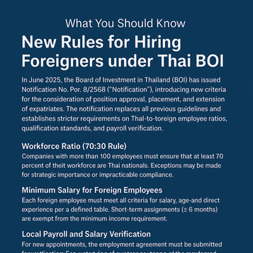 Professional law-firm style banner titled ‘New Rules for Hiring Foreigners under Thai BOI,’ summarizing key changes on workforce ratios, minimum salary requirements, and payroll verification