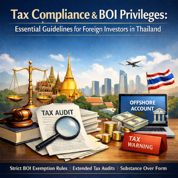Professional legal-themed banner illustrating tax compliance and BOI privileges in Thailand, featuring scales of justice, tax audit documents, offshore account concepts, and Bangkok skyline to represent regulatory risk and cross-border investment compliance.
