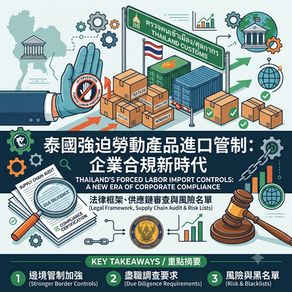 An educational infographic titled "Thailand's Forced Labor Import Controls: A New Era of Corporate Compliance" in English and Traditional Chinese. The illustration features Thailand customs control over imported cargo, legal gavels, and supply chain due diligence documents with magnifying glasses, illustrating stronger border controls and risk watchlist mechanisms.
