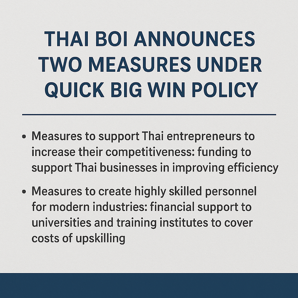 “Graphic summarizing Thai BOI’s Quick Big Win Policy measures, highlighting funding support for Thai entrepreneurs and initiatives to develop highly skilled personnel for modern industries.”