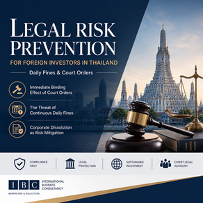 Professional law firm blog banner illustrating legal risk prevention for foreign investors in Thailand, featuring a courthouse gavel, scales of justice, Thai landmark architecture, and corporate compliance themes related to court orders, daily fines, company dissolution, and Foreign Business Act compliance.