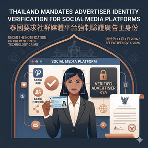 An infographic summarizing the Thailand Electronic Transactions Commission's Notification regarding technology crime prevention for online social media. The image details that starting November 1, 2026, all online social media platforms must verify the identity of paying advertisers before publication. The regulation introduces a “Know Your Advertiser” (KYA) framework requiring platforms to use either document-based verification (examining ID cards, passports, or corporate papers and performing facial comparisons) or digital identity verification systems with an acceptable level of assurance. Verification remains valid for one year, and platforms must collect and retain advertiser information for at least 90 days after the advertising relationship ends, including full names, identification numbers, and contact details. The infographic includes the date November 1, 2026, and the IBC Law Firm logo.