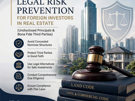 Professional legal banner illustrating foreign real estate investment risks in Thailand, featuring a judge's gavel, legal codes, city skyline, and guidance on nominee structures, bona fide third parties, and compliant investment strategies.