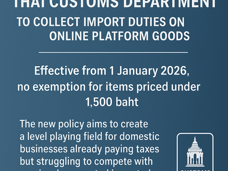 Summary of the Thai Customs Department’s policy effective 1 January 2026, ending the import-duty exemption for goods under 1,500 baht purchased through online platforms, outlining key Quick Big Win measures and implications for businesses and consumers.