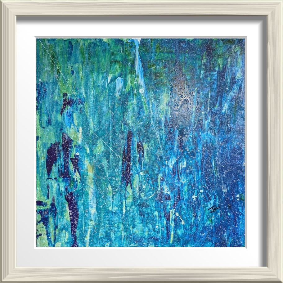 Framed abstract painting with blue and green textures