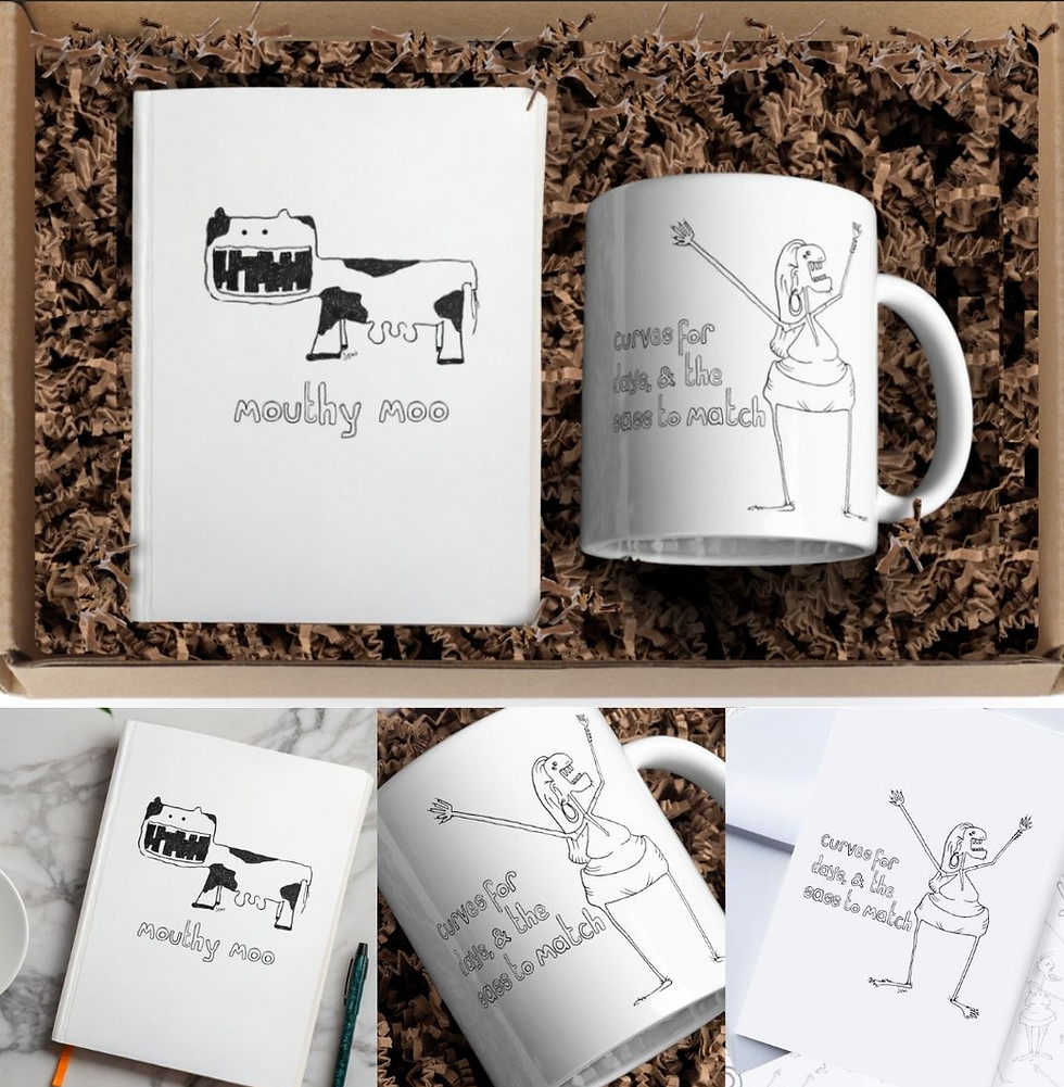 Gift set: 'Mooby moo' cow notebook and stretching figure mug