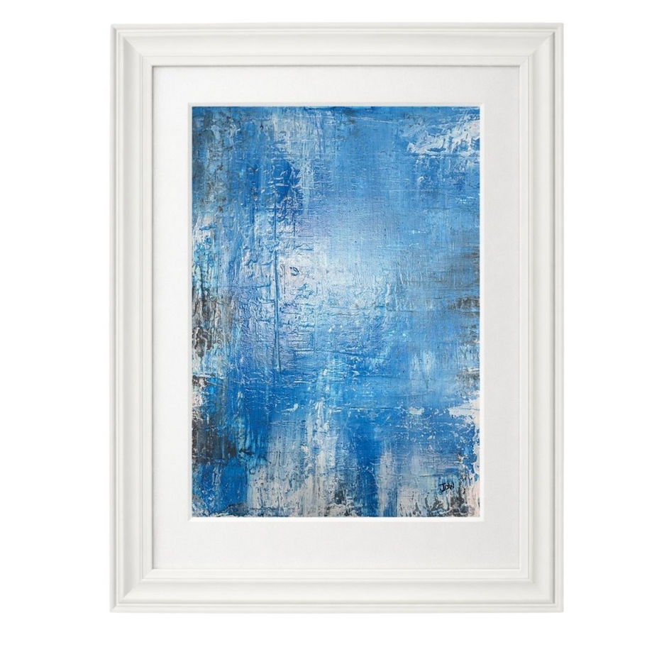 Abstract blue and white painting in a white frame