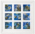 a collection of small original bee paintings in a white multiple aperture frame