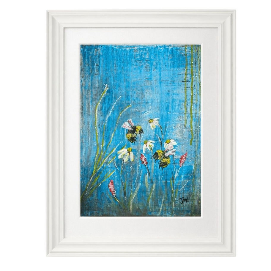 Painting: two bees, white flowers, textured blue background
