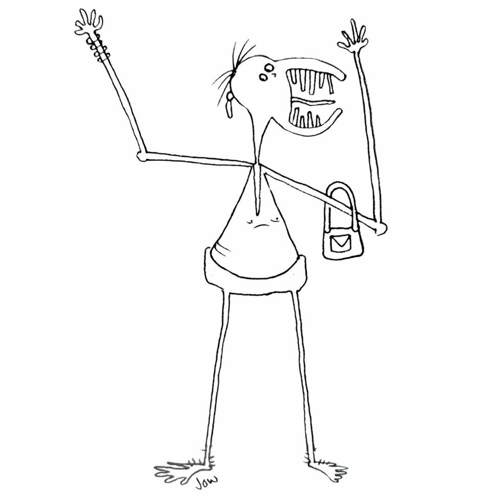 Whimsical figure waving, holding purse