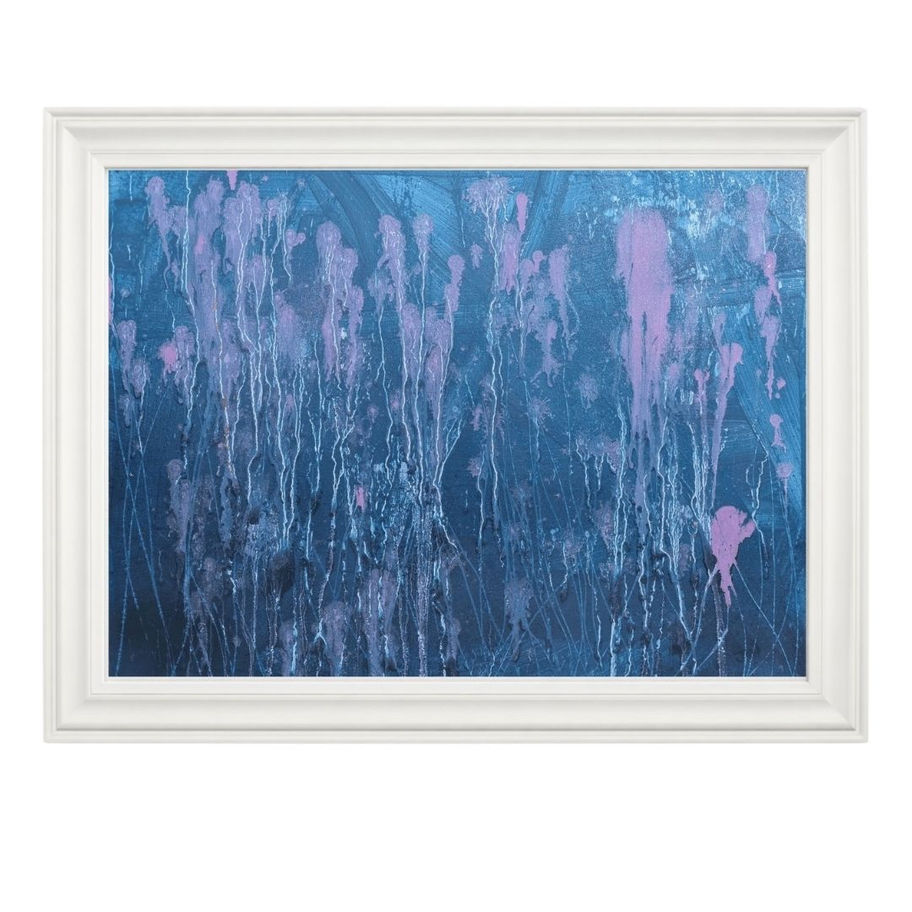 Abstract painting, purple paint cascading on blue, white frame.