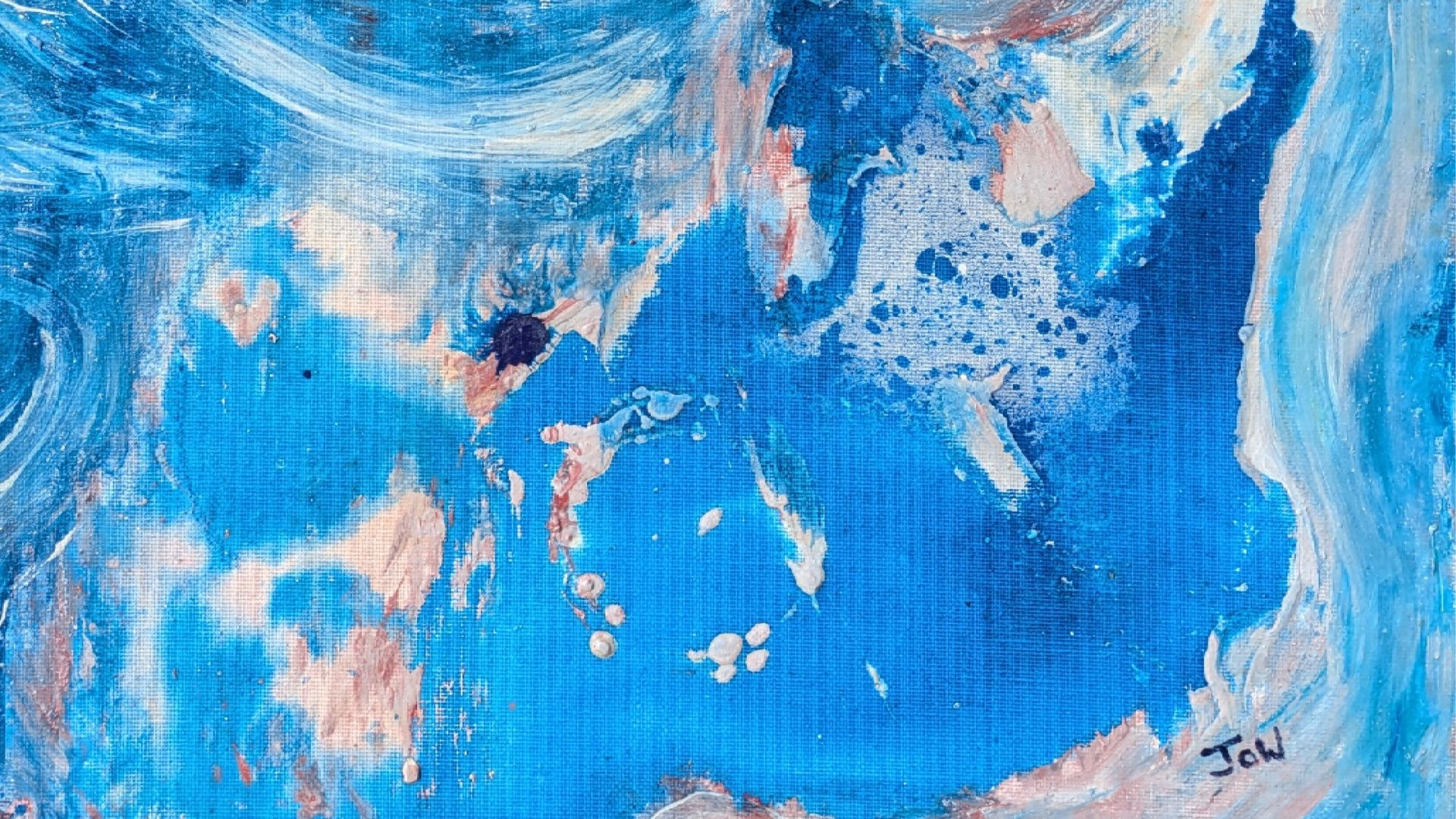 Abstract painting with swirling blue, white, and bronze colors