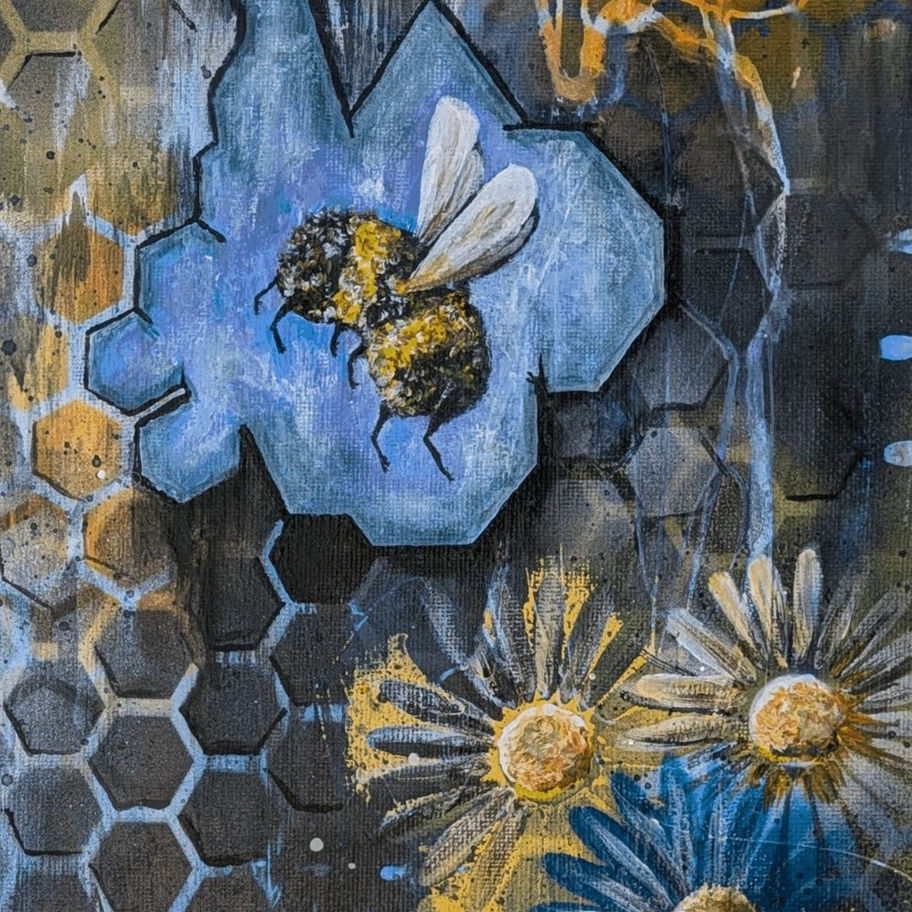 Bumblebee on hexagon with honeycomb and flowers