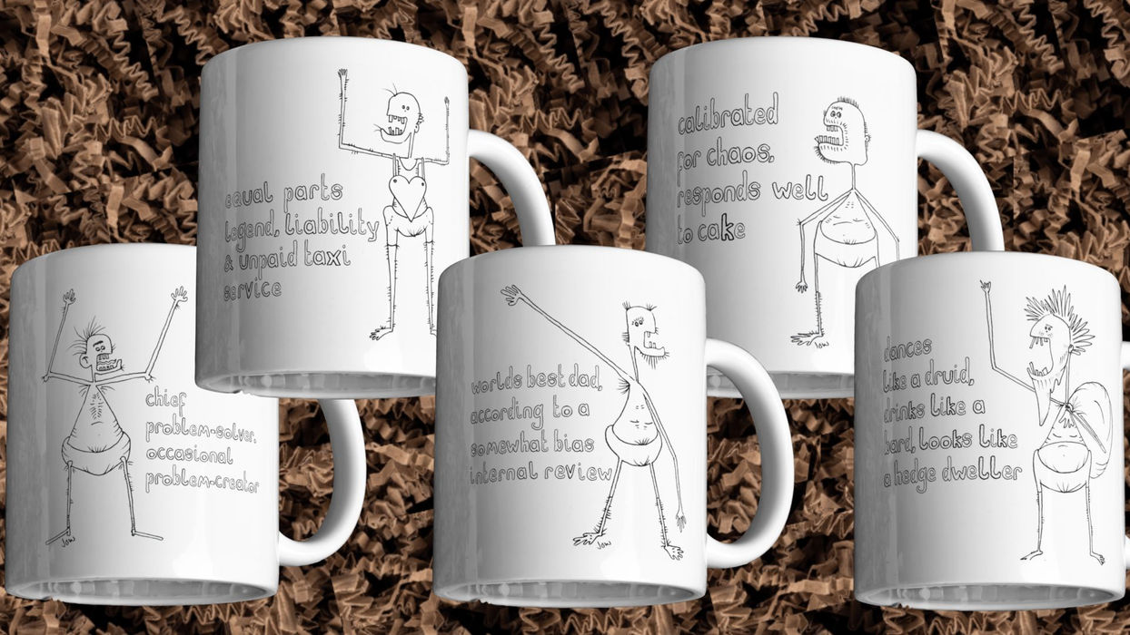 five sample father's day themed 12oz ceramic mugs