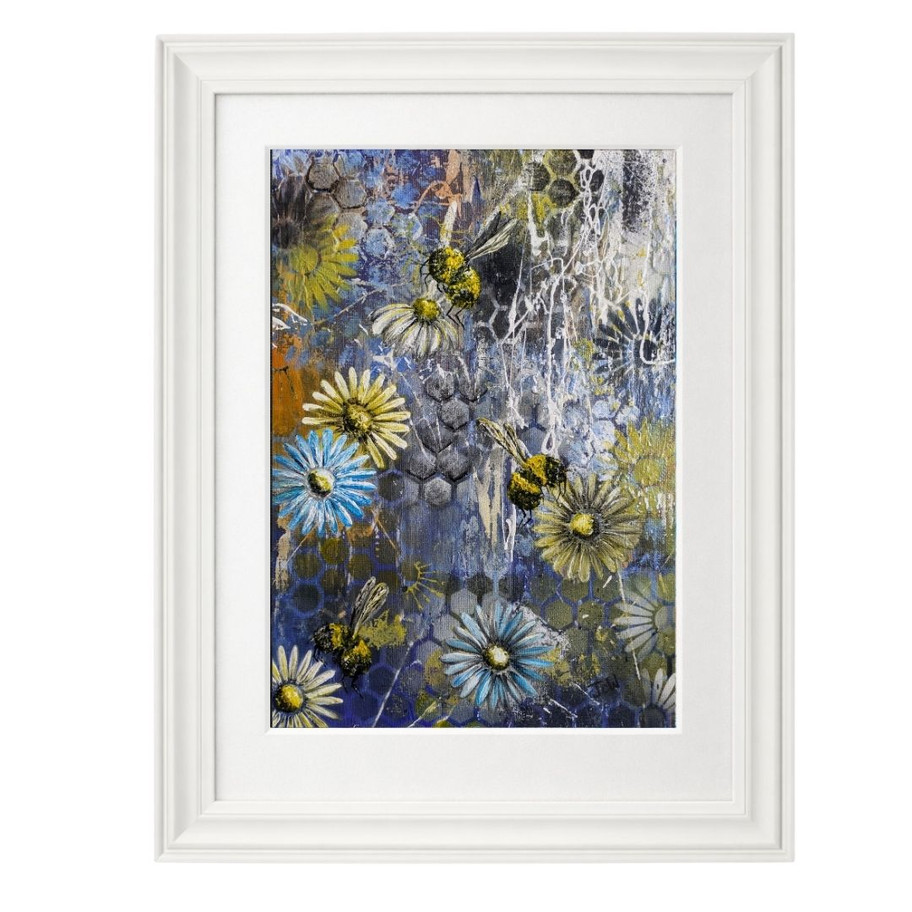 Abstract painting with blue, yellow flowers, bees, white frame