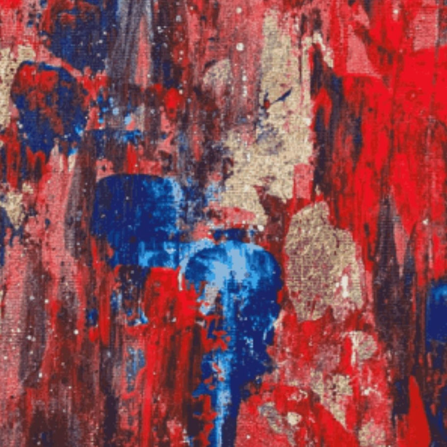 Abstract art with blue, red, and gold