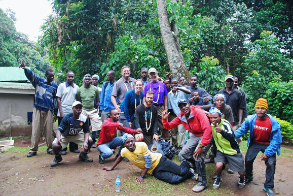 Group of the climbers and porters on Mt. Kilimanjaro. 