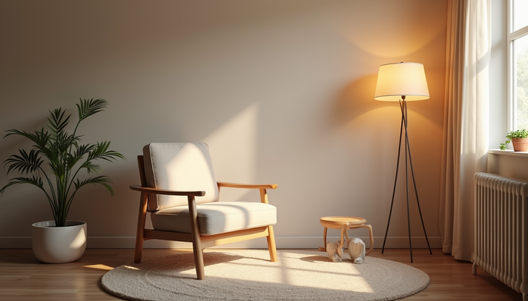 Eye-level view of a cozy counselling room with a comfortable chair and soft lighting