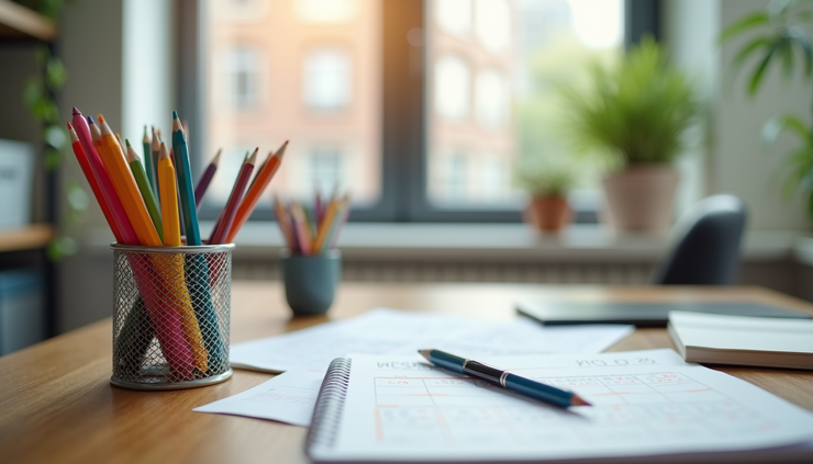Eye-level view of a child’s tidy study desk with school supplies ready for use