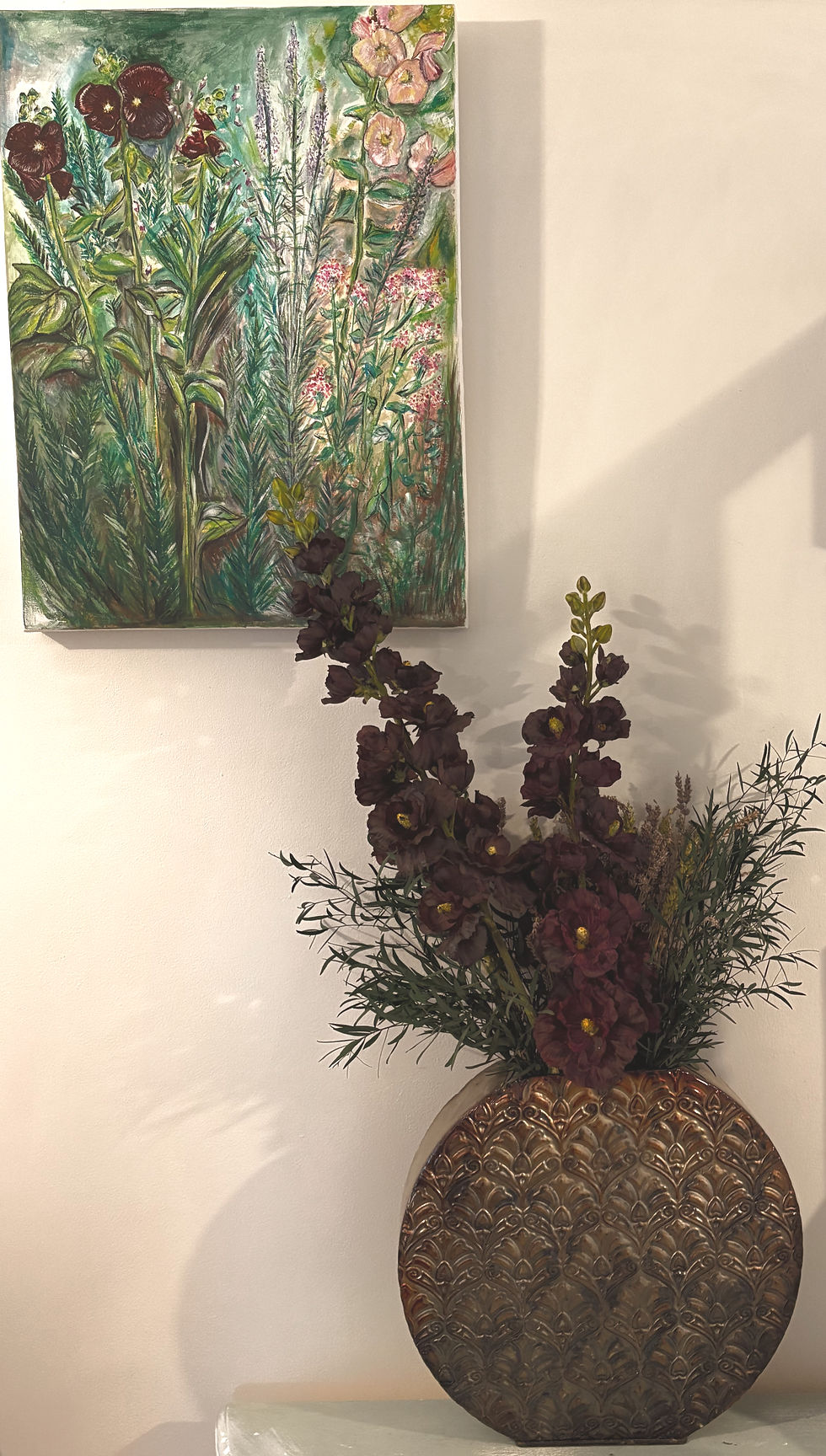 Hollyhocks and acrylic painting
