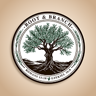 Circular logo of a tree with roots deep into the ground with Bible verse references from Romans 11:18 and Ezekiel 36:8.