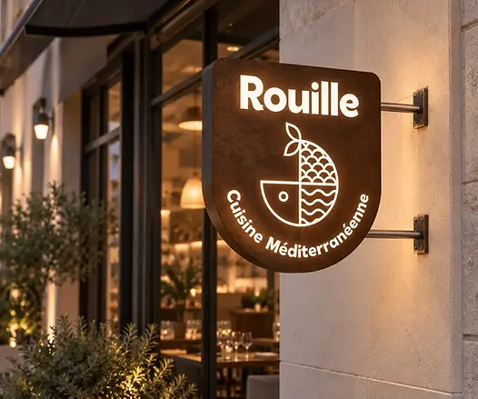 Custom blade sign with illuminated lettering and logo graphics